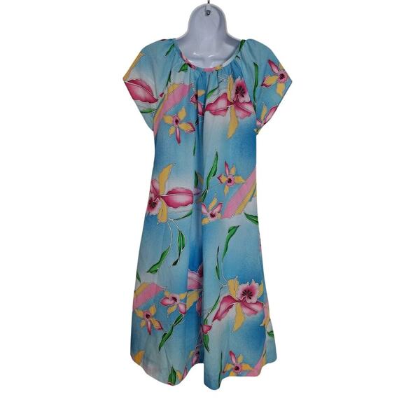 Vintage Hilo Hattie Hawaiian Muumuu Dress Sz M Blue Floral Breezy Orchids - Picture 1 of 7